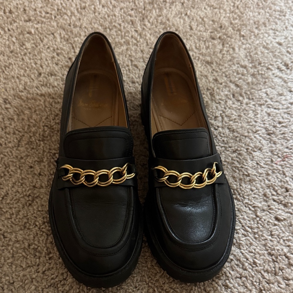 Sam Edleman Black Loafers with Gold Chain Detail